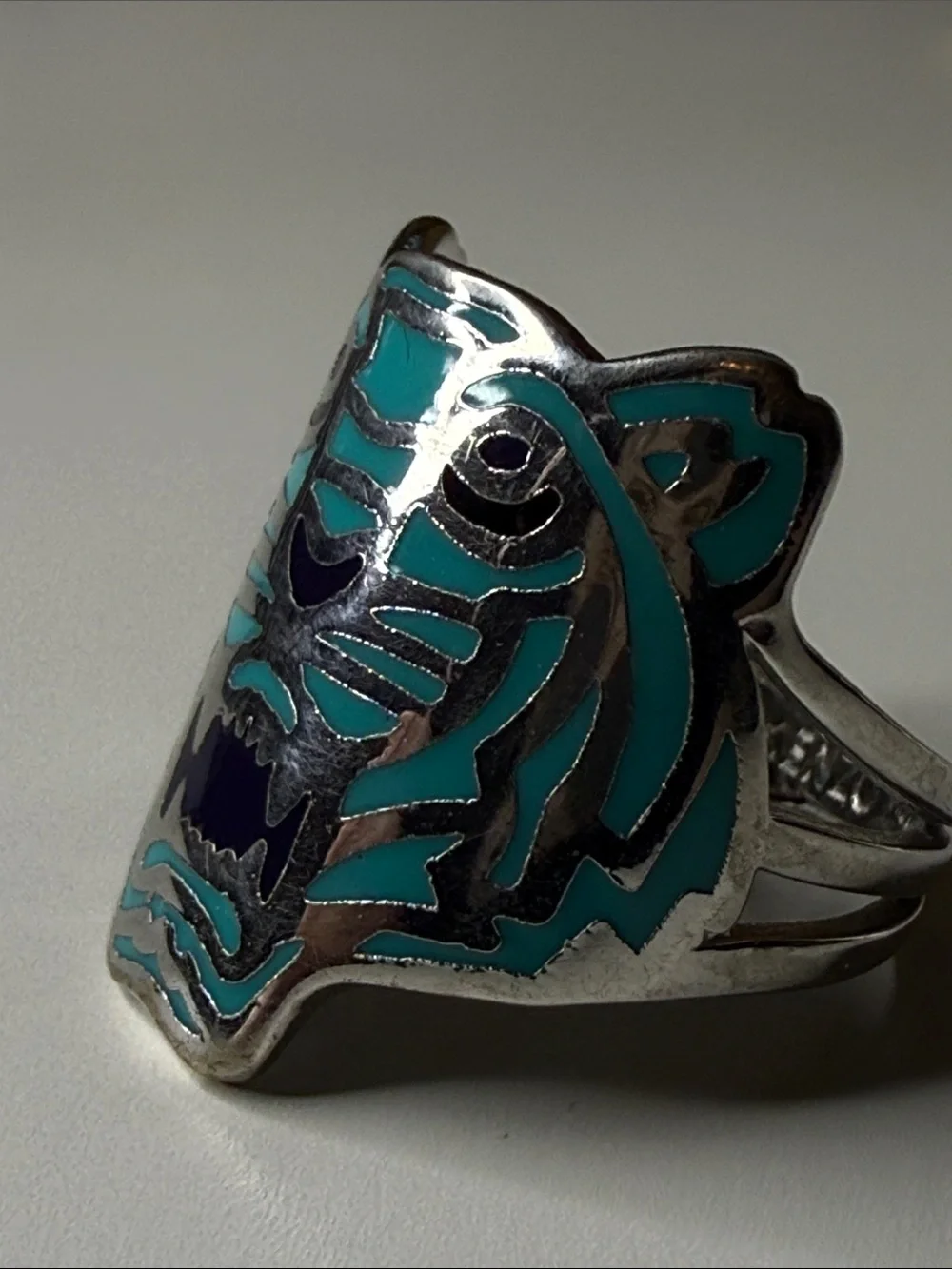 Kenzo lux Turquoise and Navy enamel high end Tiger Face Statement fashion Ring